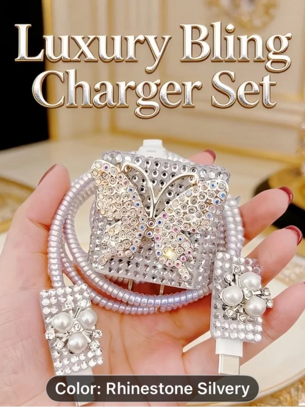 5PCS Rhinestone Silver Luxury Butterfly Bling Charger Set